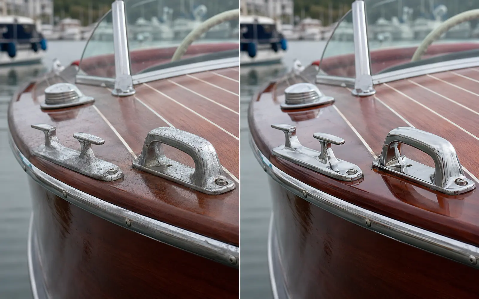 Avant et après le nettoyage des chromes d’un bateau classique