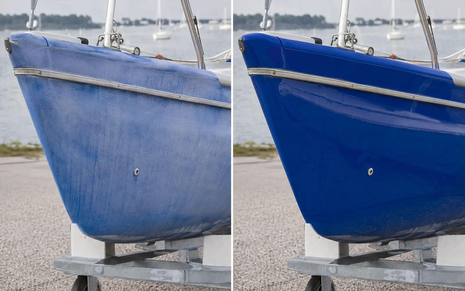 Avant et après la rénovation d’un gelcoat bleu