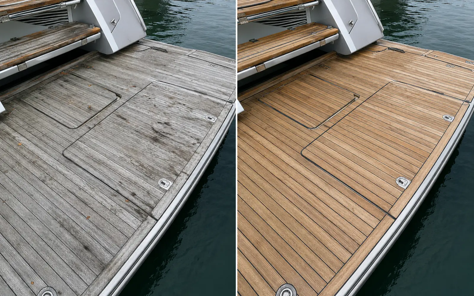 Avant et après le nettoyage d’une plage arrière en teck