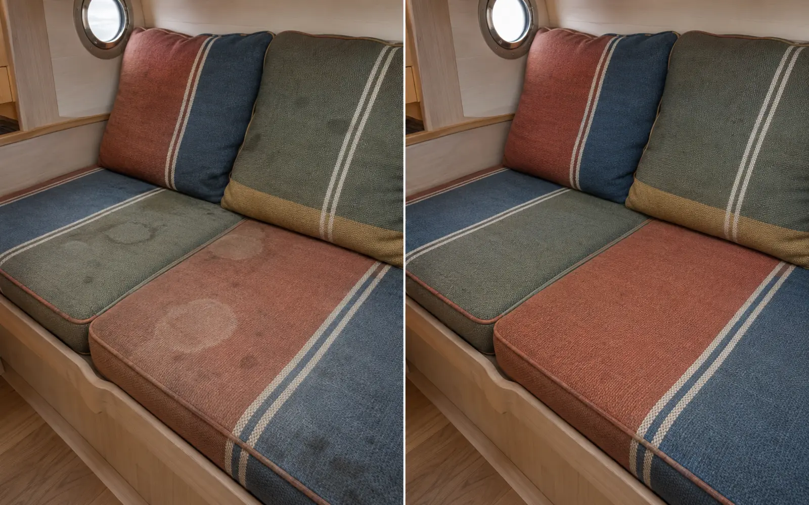 Avant et après le détachage de coussins de bateau