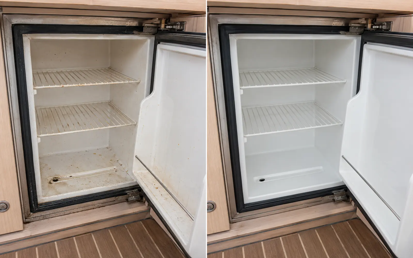 Avant et après le nettoyage d’un réfrigérateur de bord