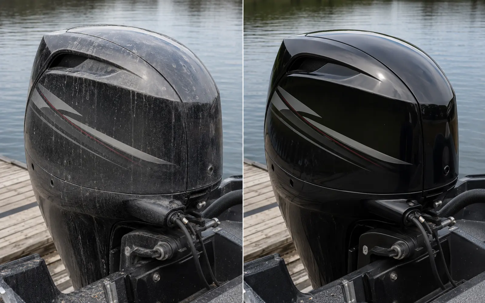 Avant et après le detailing d’un moteur hors-bord